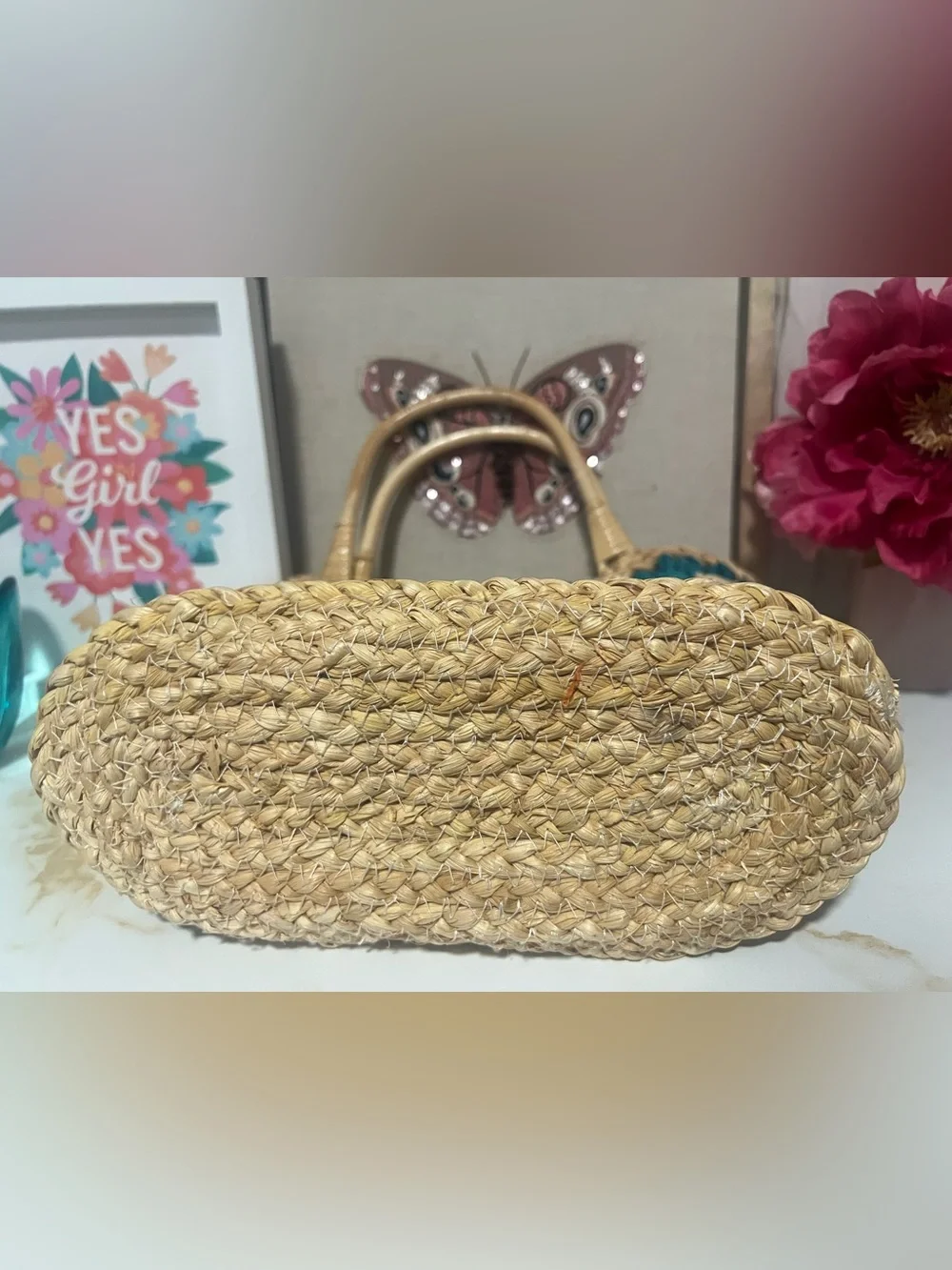 Haute Hippie Teal and Natural Woven Floral Straw Tote